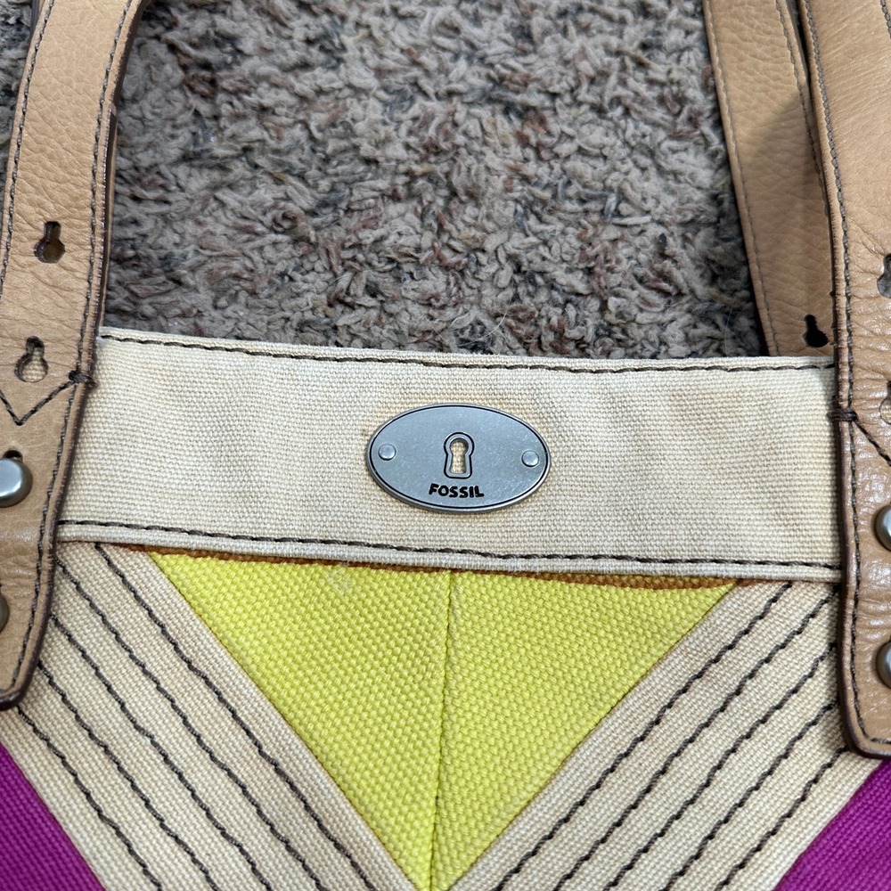Fossil Canvas Tote Bag Multicolor Chevron Stripe Leather Trim Shoulder Bag READ - Picture 3 of 6